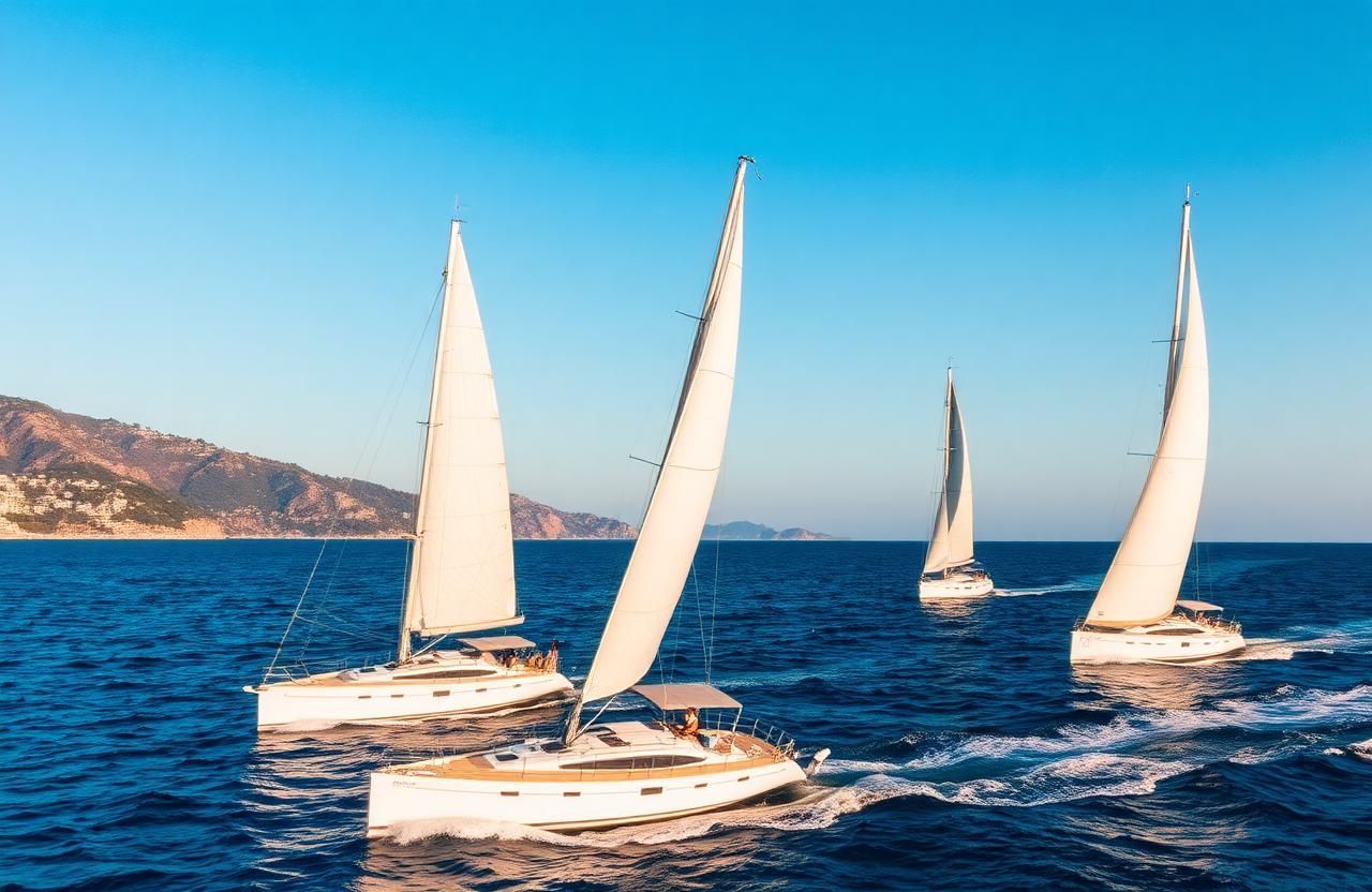 Flotte de voiliers en régate en Méditerranée, illustrant la dynamique de l'appel à projets nautique transfrontalier