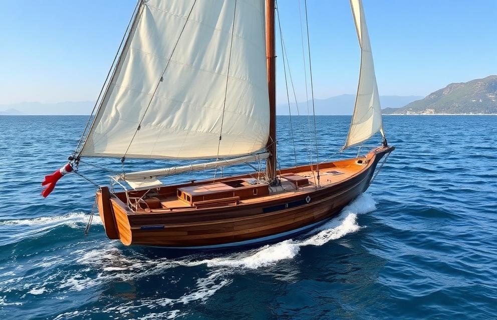 Voilier traditionnel en bois naviguant sur la mer Tyrrhénienne, héritage du patrimoine maritime ligure et corse